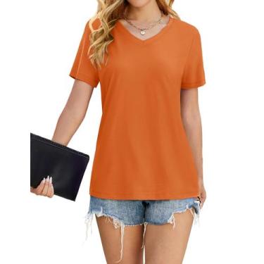 Imagem de Camiseta feminina YUCOLEN com decote em V e manga curta UPF 50+, laran