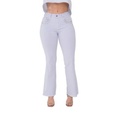 Imagem de Calça Feminina Flare Sarja Branca Strass ao Redor do Bolso - Pthirillo