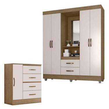 Imagem de Guarda Roupa Casal Capela E Cômoda 4 Gavetas 01 Porta Lite Nature Off White – Móveis Leão