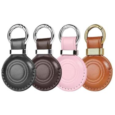 Imagem de MOLOVA Pacote com 4 chaves de couro genuíno feito à mão para porta-chaves de AirTag, design compacto com chaveiro AirTag, seguro para suporte de airtags com trava de anel de aço inoxidável, preto/cor