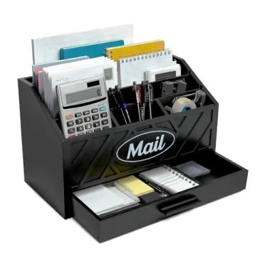 Imagem de Niciksty Organizador de correio de mesa de madeira, organizador de correio bancada com 6 compartimentos e gaveta para contas de escritório escola documentos, organizador de mesa de madeira preta