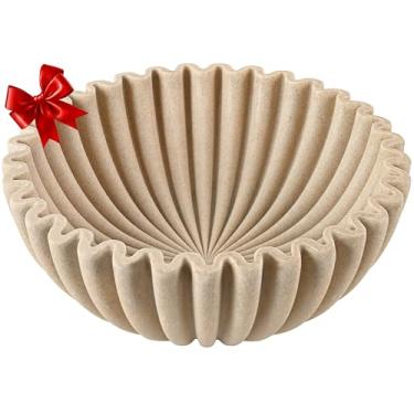 Imagem de Tigela decorativa extra grande com babados – Tigelas modernas de pedra artificial bege feitas à mão para decoração de casa, balcão de cozinha, expositor de frutas, porta-chaves de entrada, estilo
