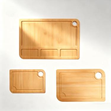 Imagem de Comfoyar Tábuas de corte de bambu para cozinha, conjunto de 3 tábuas de cortar com compartimentos e ranhura de suco, bandeja de servir de madeira de dupla face, bloco de açougueiro com alça de fácil
