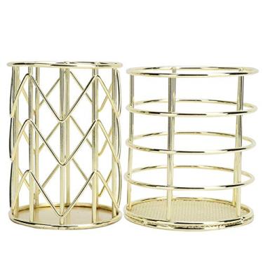 Imagem de Pincel de maquiagem de fio de metal Porta-copos de lápis Porta-canetas de ferro oco criativo Durável Armazenamento de papelaria de escritório para organizador de mesa