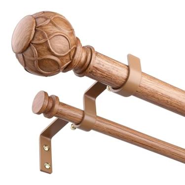 Imagem de Varão de cortina duplo de madeira, hastes de cortina duplas extralongas de 182 a 364 cm com acabamentos de imitação de grão de madeira, haste decorativa de tratamento de janela ajustável de 2,5 cm