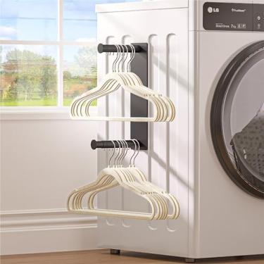 Imagem de Mzzelry Organizador de cabide magnético, suporte retrátil para lavadora e secadora na lavanderia, comporta 50 cabides de veludo/arame/plástico (preto)