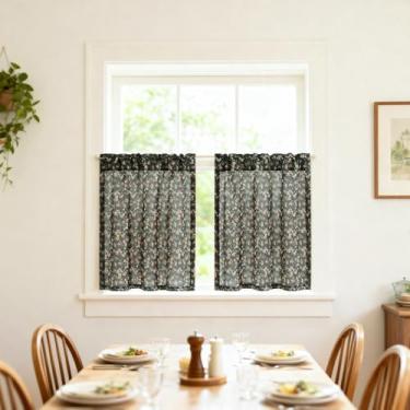 Imagem de VOGOL Cortinas vintage de flores pretas para café, cortinas de bolso de haste com 2 painéis, tratamento de janela estilo country para cozinha ou sala de jantar, fácil de pendurar, 76 x 91 cm