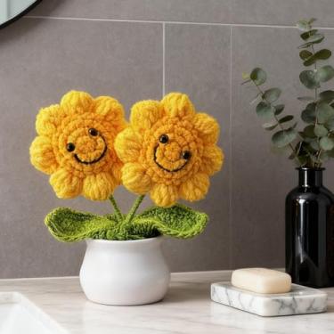 Imagem de Girassóis gêmeos feitos à mão em vaso, decoração de flor amarela com rosto sorridente, enfeite de mesa artesanal para casa e escritório