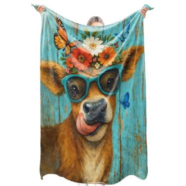 Imagem de zbezbe Lindo cobertor de flanela de vaca, panturrilha engraçada com óculos de sol, coroa floral e cobertor de borboleta, leve, macio, aconchegante para cadeira, cama, sofá, viagem, decoração de
