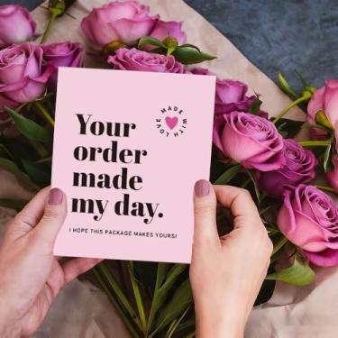 Imagem de 50 cartões de agradecimento rosa | Design de coração, papel durável, seu pedido feito meu dia cartões de desculpas para negócios, cartões para fazer pedidos