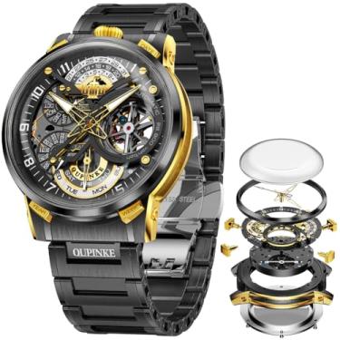 Imagem de OLEVS Relógios masculinos esqueleto automático mecânico automático relógio de luxo relógio masculino de aço inoxidável à prova d'água luminoso Wirstwatch presente para homens, Ouro preto 3278, 3278