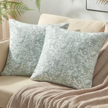 Imagem de Bailix Capas de almofada floral jacquard 50 x 50 - Conjunto de 2 capas decorativas para sofá, sala de estar, quarto (verde)