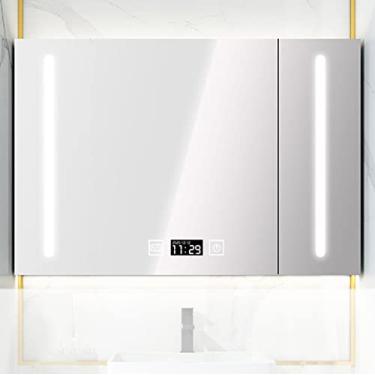 Imagem de SPXMQSS Armário de espelho de LED, armários de parede de banheiro Lembrete de temperatura de tempo de desembaçamento inteligente com prateleiras, armários de banheiro com luzes com unidades de