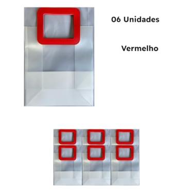 Imagem de Kit com 06 Embalagem para Presente 27x12x23cm Sacola Transparente Fosco Impermeávelcom Alça Quadrada em Couro (Vermelha)