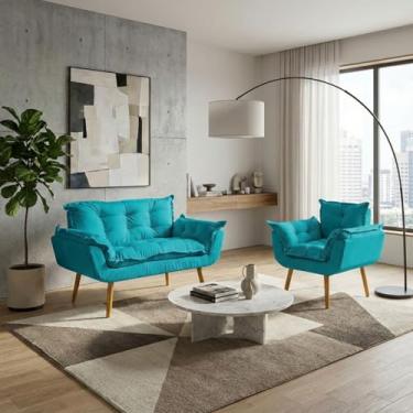 Imagem de Kit Namoradeira Decorativa e Poltrona Para Sala Recepção Manicure Consultório Escritório Alice Tecido Suede (Azul Turquesa)