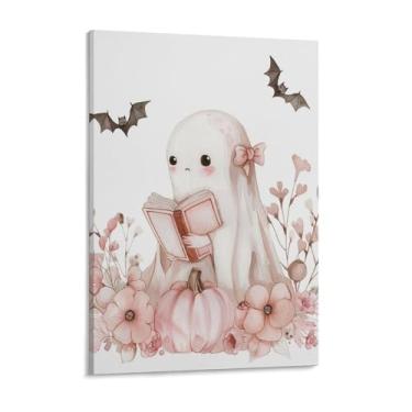 Imagem de HouLaiZhe Pôster de Halloween em tela fantasma rosa impressões de arte de parede decorações de Halloween decoração de parede estética gótica para sala de estar quarto 18 x 24 polegadas (45 x 60 cm)