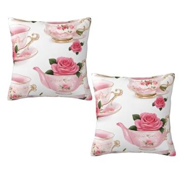 Imagem de Xícaras de chá com rosas românticas gastas - fronha decorativa com zíper, fronha de seda hipoalergênica, para casa e viagem, presente para qualquer ocasião, 45,7 x 45,7 cm