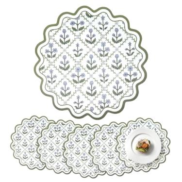 Imagem de Conjunto de 6 jogos americanos de vinil verde ágata de 33 cm com borda recortada redonda floral bordada, tapetes de mesa laváveis de flores de couro sintético, resistentes ao calor para mesa de