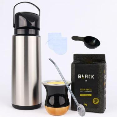 Imagem de Kit Chimarrão com Erva 1Kg Garrafa Térmica 1,8L Inox Cuia Preta Imitaç