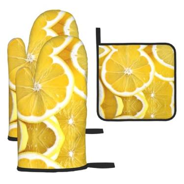 Imagem de Padrão de limão amarelo – Conjunto de cozinha essencial com 3 peças, luvas resistentes ao calor e aderência da tampa, proteção para churrasco no forno, design de armazenamento suspenso.