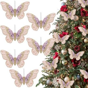 Imagem de 6 peças de enfeites de borboleta de borboletas de árvore de Natal de veludo com clipes para guirlanda de Natal, guirlanda, escritório, decorações de casa (rosa)