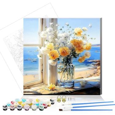 Imagem de bestact Kits de pintura de margarida emoldurada por números para adultos, pintura de flores por números com moldura para iniciantes em tela, kits de pintura DIY fáceis para decoração de parede de casa