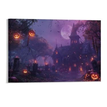 Imagem de HouLaiZhe Pôster de Halloween Castelo de Abóbora Lua Roxa Impressão de Arte de Parede Decorações de Halloween Decoração de Parede Estética Gótica para Sala de Estar Quarto 11 x 17 polegadas (28 x 43