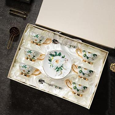 Imagem de Conjunto de chá de porcelana, conjunto de café europeu, xícaras de chá e pires, conjunto de chá com padrão floral de lírio, conjunto de presente de chá para amantes de chá e mulheres (E)