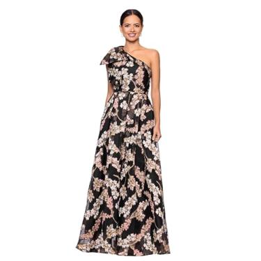 Imagem de Betsy & Adam Vestido feminino de organza com estampa floral de um ombro só, comprimento até o chão, Preto/Rosa/Dourado, 48