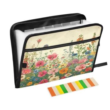 Imagem de Wassud Acordeão vintage flores silvestres organizador de arquivos carta a4 pastas de arquivo de papel organizador de documentos fólio com etiquetas pasta de arquivo expansível 13 bolsos