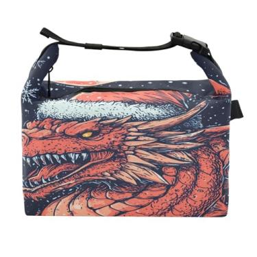 Imagem de STAYTOP Dragão vermelho usando um chapéu de Papai Noel lancheira com fivela de alça, lancheira isolada para meninos e meninas, lancheira térmica para trabalho escolar