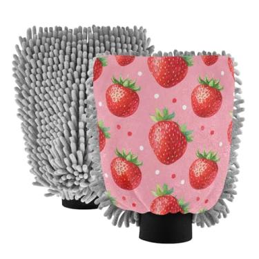 Imagem de STAYTOP Luvas de lavagem de carro de morangos fofas e coloridas, 2 peças, luvas de microfibra de chenille, sem arranhões, panos de esponja de lavagem ultra absorventes para carros, limpeza doméstica