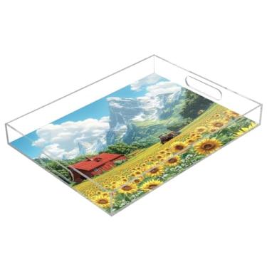 Imagem de STAYTOP Linda bandeja de acrílico para servir de girassol 15,7 x 11,20 cm, bandejas decorativas à prova de derramamento, organizador de bancada para café da manhã, chá, comida, maquiagem