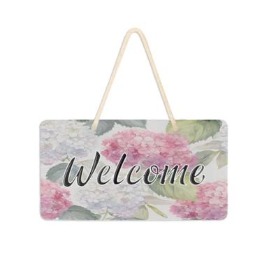Imagem de Burbuja Placa de boas-vindas de hortênsias para porta da frente, placa de boas-vindas de PVC para pendurar na parede varanda casa de fazenda, decoração de feriados, 15 x 28 cm
