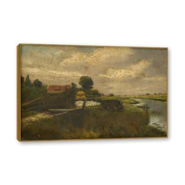 Imagem de Moldura de teca. Arte em tela romantismo estilo constable (paisagem 62), pintura de paisagem inglesa emoldurada, decoração de parede elegante para sala de estar escritório. 80 x 120 cm - 31,5 x 47,3