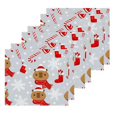 Imagem de Burbuja Capivaras usando chapéus de Natal toalhas de algodão pacote com 6, toalhas de rosto altamente macias e absorventes para banheiro, mão, cozinha, academia, limpeza, 30 x 30 cm