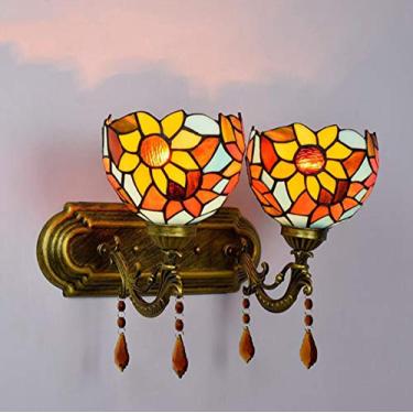 Imagem de Luminária de parede de 2 braços estilo Tiffany, com cúpula de vitral vintage, arandela de parede para interiores, ideal para quarto, sala de estar e corredor, soquete E27, modelo GirassolB
