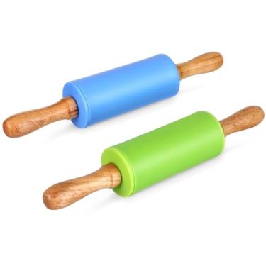 Imagem de Toyvian Pacote com 2 mini rolo de massa: Mini rolo de silicone de 21 cm para assar, rolo de massa pequeno antiaderente com cabo de madeira - perfeito para crianças, biscoitos, massa, pastelaria