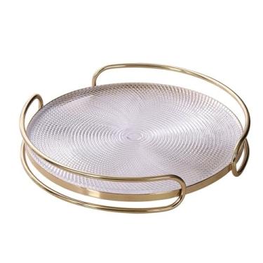 Imagem de Fruteira Bandeja redonda decorativa de vidro texturizado com alças de metal para servir frutas na sala de estar e cozinha. Decoração de mesa(Pequeno)