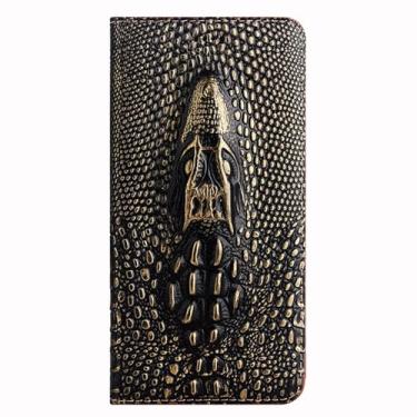 Imagem de LTLMYDAM Capa de luxo para Xiaomi 17 Pro Max/17 Pro/17, capa carteira com relevo de cabeça de crocodilo 3D, capa de couro genuíno à prova de choque, dourada, 17 Pro