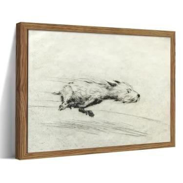 Imagem de Arte de parede emoldurada de cachorro com zoomies, impressão de pôster de voo de cachorro vintage, desenho correndo pequenas fotos, decoração de parede boba preta e branca para sala de estar quarto