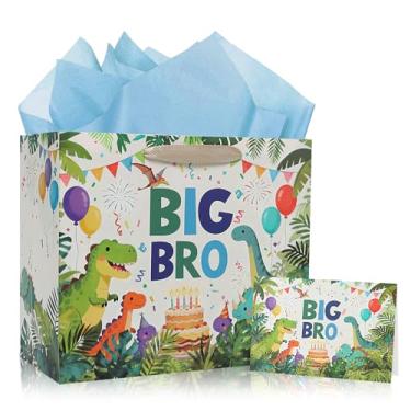 Imagem de Bolsa de presente de dinossauro Big Brother – Conjunto de sacolas de presente de aniversário de 30,5 cm com tricerátopo estegossauro cena da selva verde cartão de felicitações azul papel de seda