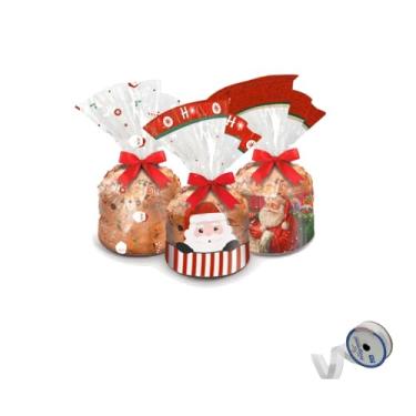 Imagem de Kit Saco Panetone 500g Cromus 25x35cm Com Fita Cetim Impressa 22mmx10mts