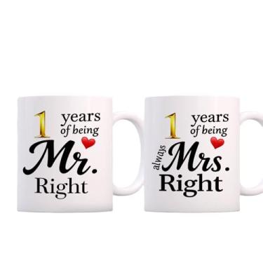 Imagem de SIUNY Conjunto de canecas de café de aniversário de 1 ano para casal 2-1 decorações de presentes de casamento para pais, avós, marido, esposa, ele, dela, 325 ml (1º)