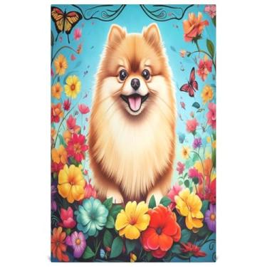 Imagem de Joisal Toalhas de mão de chá fofas fofas cachorro pomeranian flores coloridas toalhas de prato para decoração de cozinha pano de limpeza fino secagem rápida 45 x 71 cm, 1 pacote