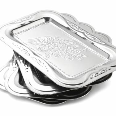 Imagem de LemonRoad Pacote com 6 bandejas prateadas de aço inoxidável de 35 x 21 cm, bandeja decorativa espelhada gravada, travessas prateadas para uísque, charcutaria, lanches, sobremesas, frutas
