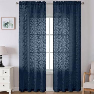 Imagem de Lecloud Leia Cortinas transparentes azul marinho para quarto de 300 cm de comprimento, 2 peças, cortinas texturizadas de folha jacquard para sala de jantar, cortinas com bolsos de haste com filtro de