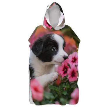 Imagem de TSENQUE Roupão para troca de poncho de surfe, para adultos, toalhas de banho de praia, com capuz, cachorrinho, branco, preto, fofo, ponchos adultos para mulheres