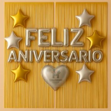 Imagem de Kit Feliz Aniversário com Cortinas Metalizadas e Balões Decorativos – Decoração Completa para Festa(Dourado)