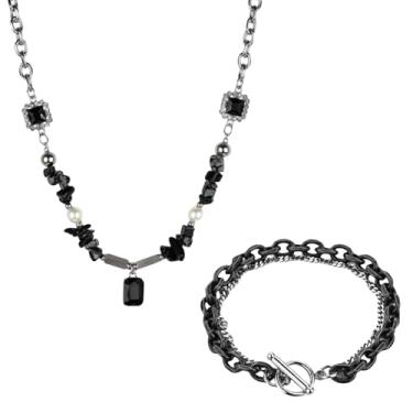 Imagem de Colar com pingente de zircônia preta de aço de titânio, duas camadas, conjunto de pulseiras OT de dois tons, joia cravejada de diamante gótico, joia cravejada de diamante, corrente de clavícula